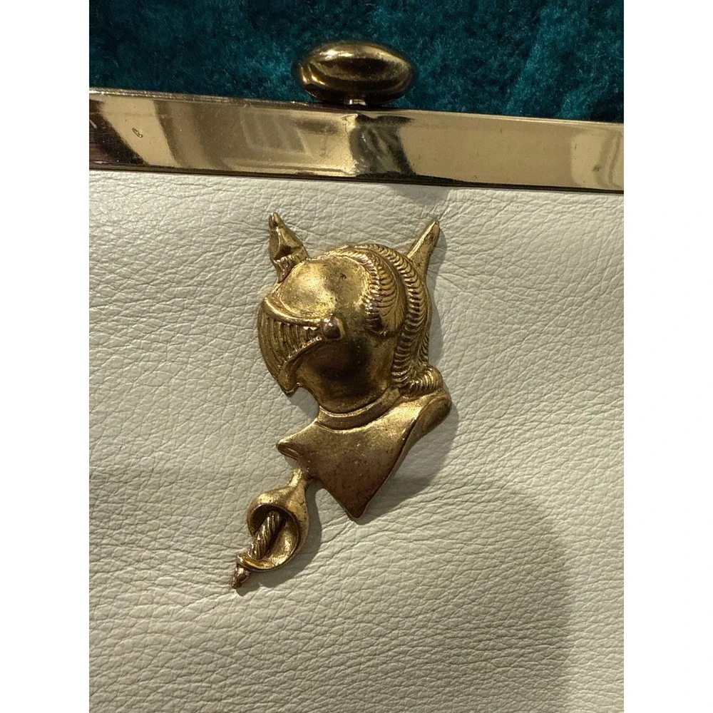 ~50s-60s Saber‎ White Leather Handbag Gold Knight Helmet Sword Emblem Frame